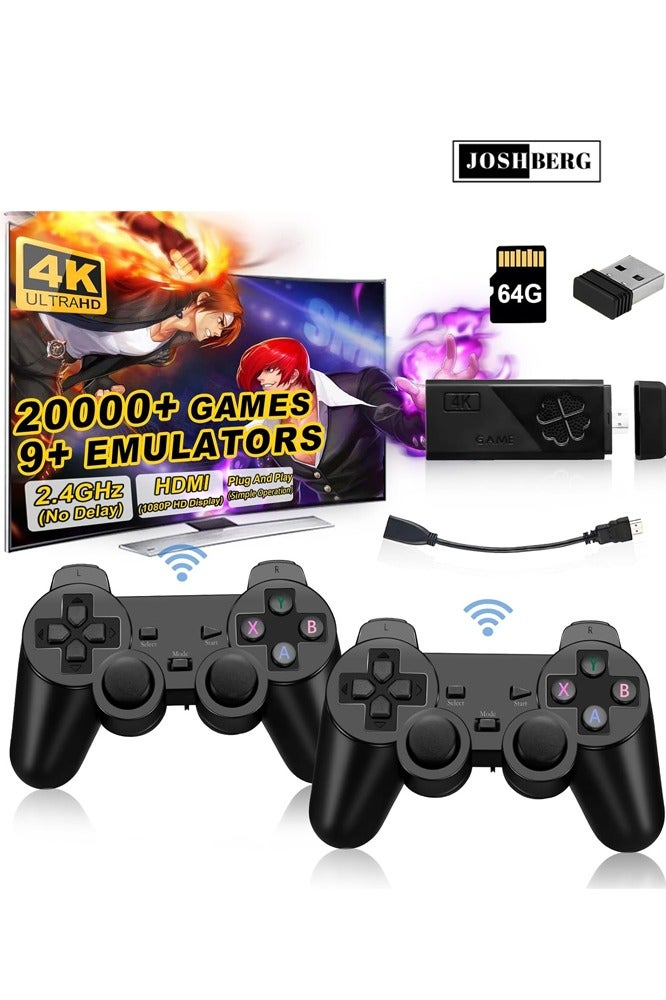 Joshberg Wireless Game Console Stick, Upgrade Retro Video Gaming Stick Built in 20000+ Games with 9 Emulators,4K HDMI Output with 2 Pack 2.4G Wireless Controllers，Game Emulator Console 2025（64GB） Black - Image 1