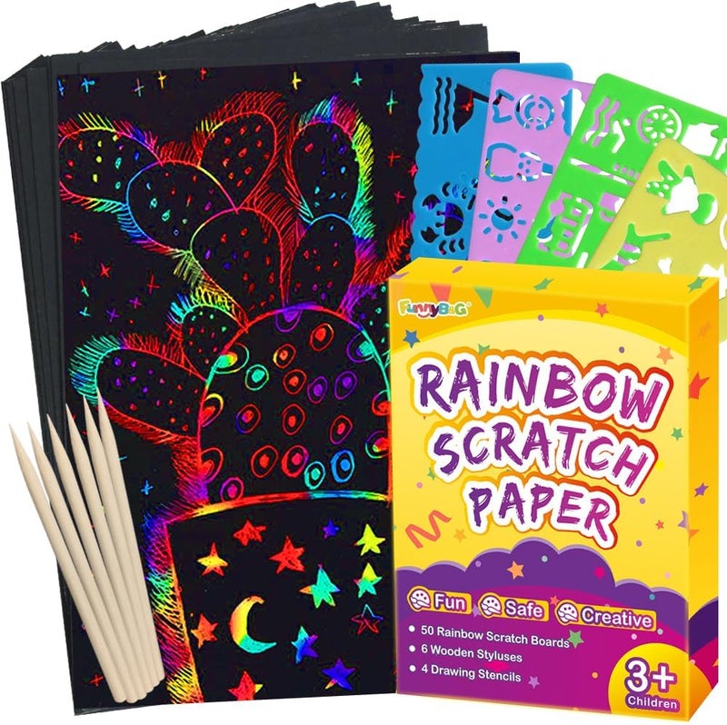 FUNNYB&G Scratch Paper Art for Kids - 100 Pcs Magic Scratch Paper Off Set Scratch Crafts Arts Supplies Kits Pads Sheets for Party Games Birthday Gift - Image 1