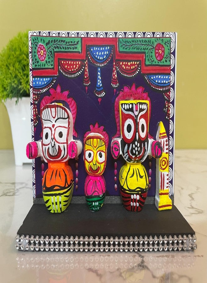 FernHaus Lord Jagannath, Balabhadra, Subhadra Idol with Sudarshan Chakra Statue in Wooden Stand, for Home Decor Mandir Pooja Religious Murti Temple Puja Office Table Showpiece (Multicolour1) - Image 2