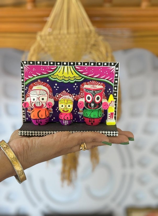 FernHaus Lord Jagannath, Balabhadra, Subhadra Idol with Sudarshan Chakra Statue in Wooden Stand, for Home Decor Mandir Pooja Religious Murti Temple Puja Office Table Showpiece (Multicolour1) - Image 4