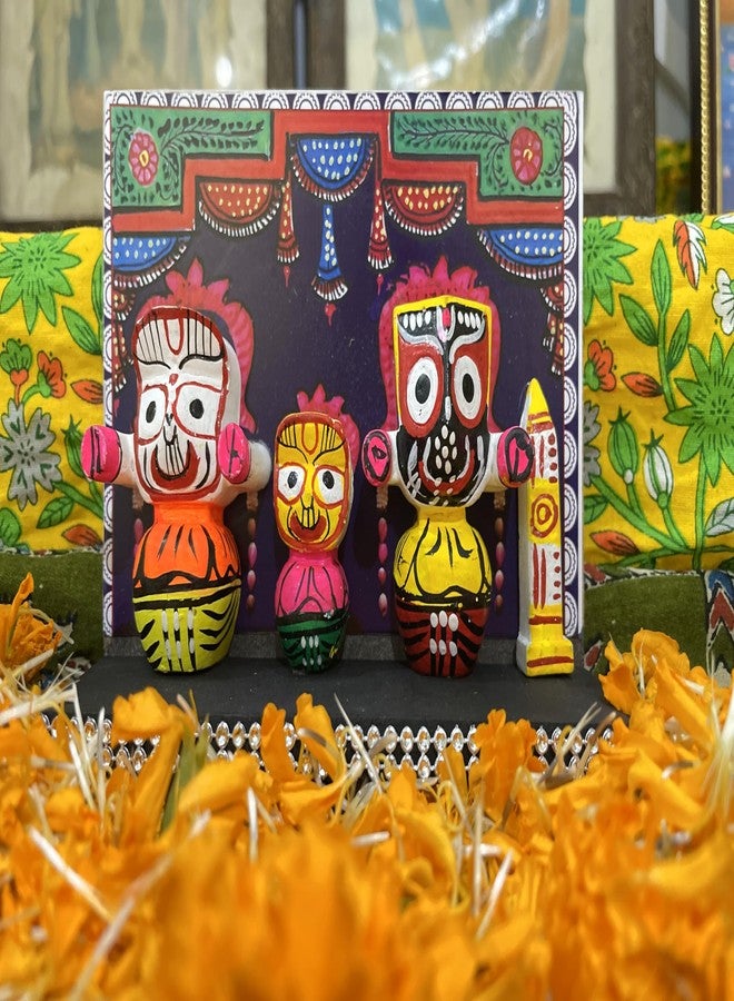 FernHaus Lord Jagannath, Balabhadra, Subhadra Idol with Sudarshan Chakra Statue in Wooden Stand, for Home Decor Mandir Pooja Religious Murti Temple Puja Office Table Showpiece (Multicolour1) - Image 3