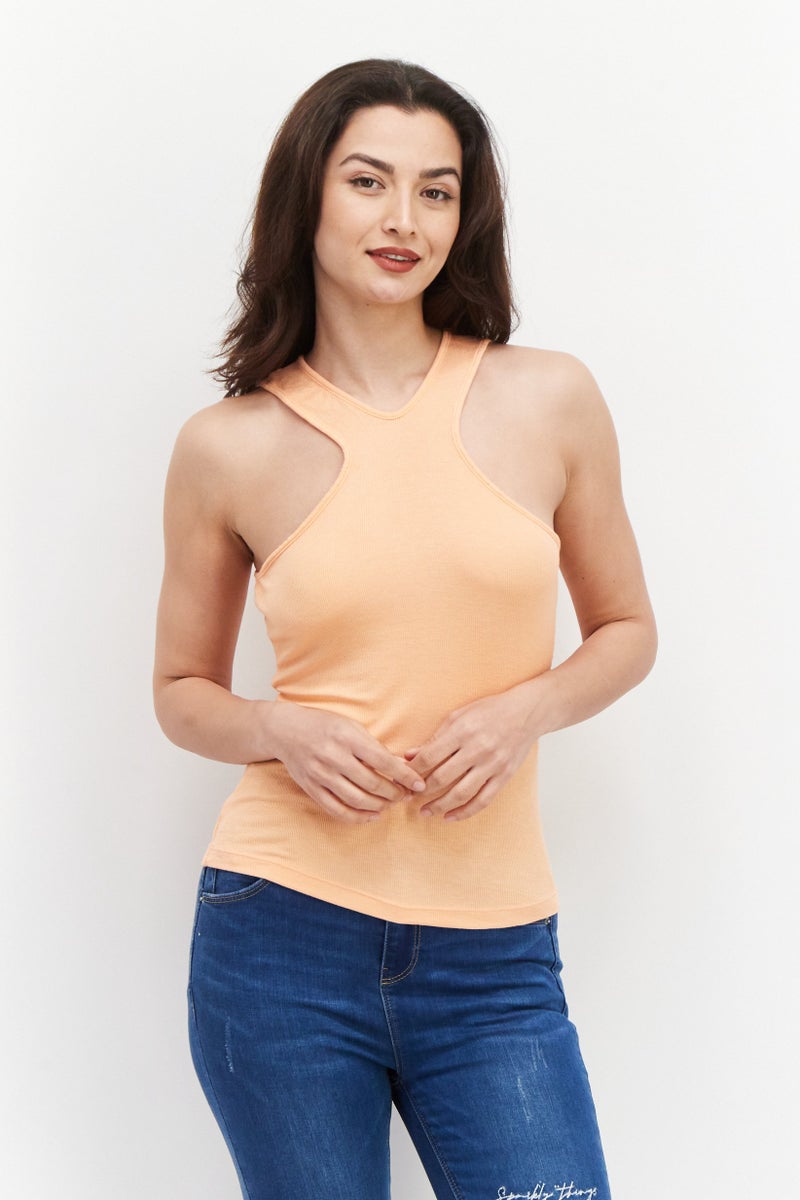 BCBGMAXAZRIA Women Crew Neck Sleeveless Plain Tank Top, Coral - Image 1