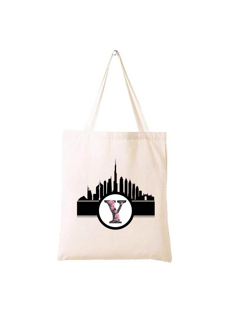 PRINTSHOP4ME Initial Monogram Cotton Tote Bag With Dubai Skyline Theme - Image 1