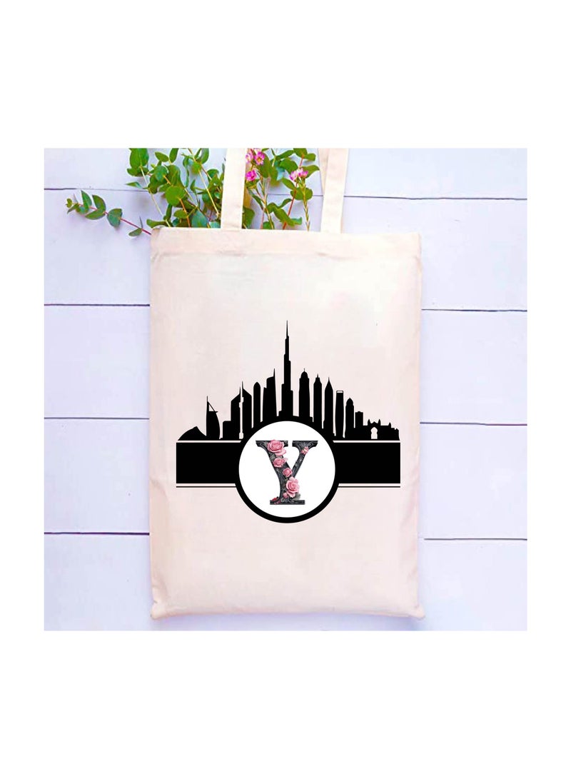 PRINTSHOP4ME Initial Monogram Cotton Tote Bag With Dubai Skyline Theme - Image 2