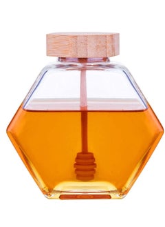 Y&D Honey Pot Glass Jar with Wooden Dipper and Cork Lid Cover for Home Kitchen, Clear 380ML Beehive Crystal Syrup Dispenser Commercial  - Image 1