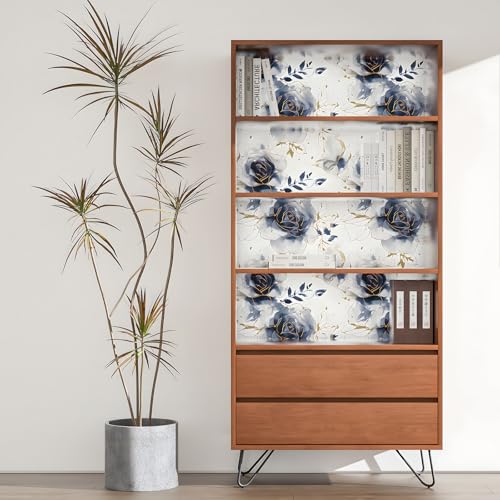 Fvlow White Floral Wallpaper Peel and Stick Watercolor Blue/Golden Flower Contact Paper Modern Wall Paper Waterproof Self-Adhesive Wall Covering for Bedroom Countertop Desk Cabinets Decor 17.4" x 118" - Image 4
