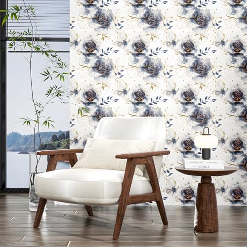Fvlow White Floral Wallpaper Peel and Stick Watercolor Blue/Golden Flower Contact Paper Modern Wall Paper Waterproof Self-Adhesive Wall Covering for Bedroom Countertop Desk Cabinets Decor 17.4" x 118" - Image 5