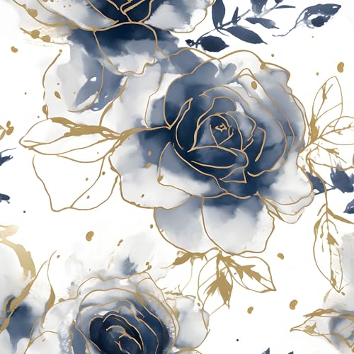 Fvlow White Floral Wallpaper Peel and Stick Watercolor Blue/Golden Flower Contact Paper Modern Wall Paper Waterproof Self-Adhesive Wall Covering for Bedroom Countertop Desk Cabinets Decor 17.4" x 118" - Image 1