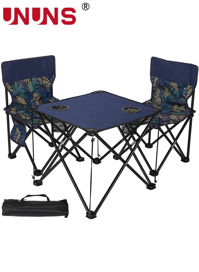 UNUNS Camping Chair And Table Set,Set Of 3 Outdoor Collapsible Chairs And Table,Large Folding Lawn Chairs With 2 Table,Outdoor Camping Chairs Set For Lawn,Picnic,Blue - Image 1