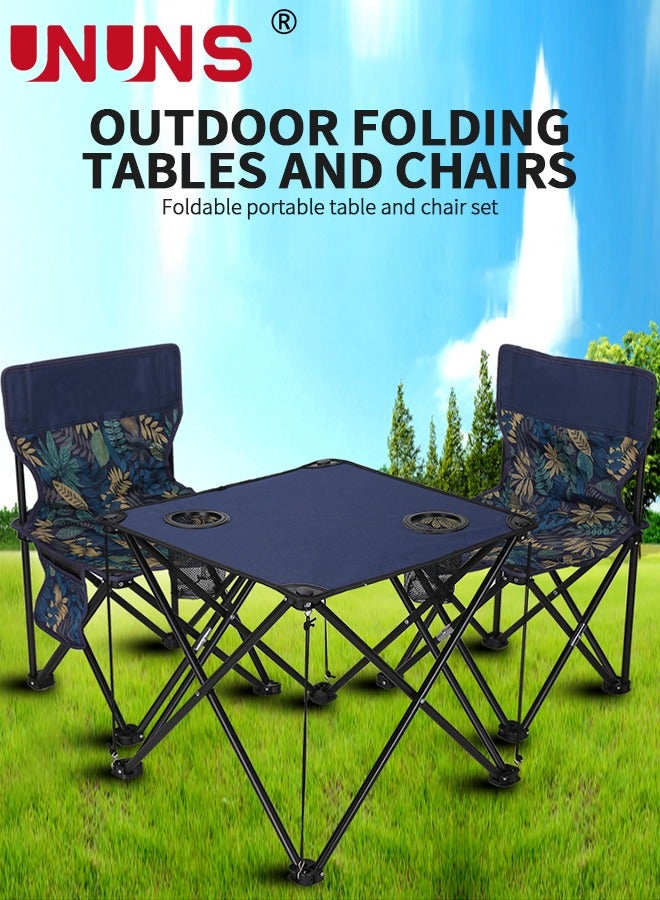 UNUNS Camping Chair And Table Set,Set Of 3 Outdoor Collapsible Chairs And Table,Large Folding Lawn Chairs With 2 Table,Outdoor Camping Chairs Set For Lawn,Picnic,Blue - Image 2