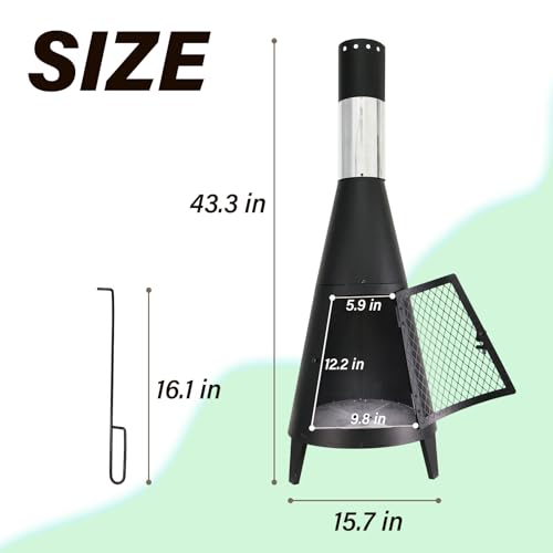 BDL Chiminea Outdoor Fireplace Outdoor Wood Burning Fire Pit Free Standing Fireplace with Log Grate, Mesh Screen for Patio, Backyard, Garden-Black - Image 4