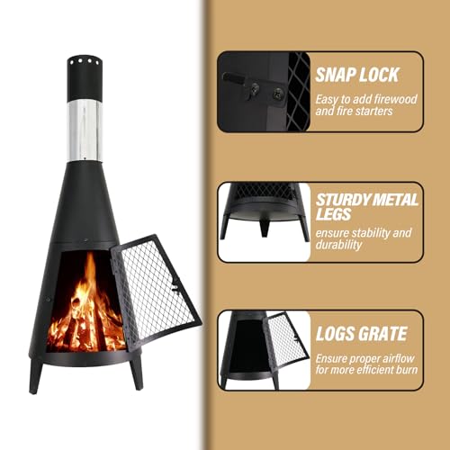 BDL Chiminea Outdoor Fireplace Outdoor Wood Burning Fire Pit Free Standing Fireplace with Log Grate, Mesh Screen for Patio, Backyard, Garden-Black - Image 3