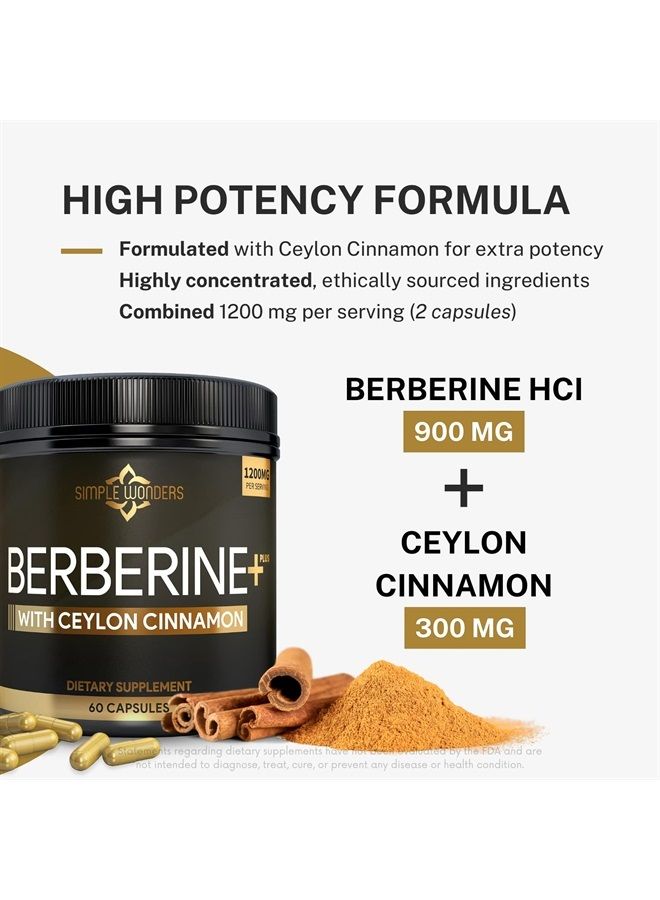 SIMPLE WONDERS Berberine 1200mg HCL Plus Ceylon Cinnamon Capsules - Metabolic & Immune Support Berberine Supplement, AMPK Metabolic Activator Complex, Cardiovascular Support - Berberine HCL 1200 mg Capsules - Image 5
