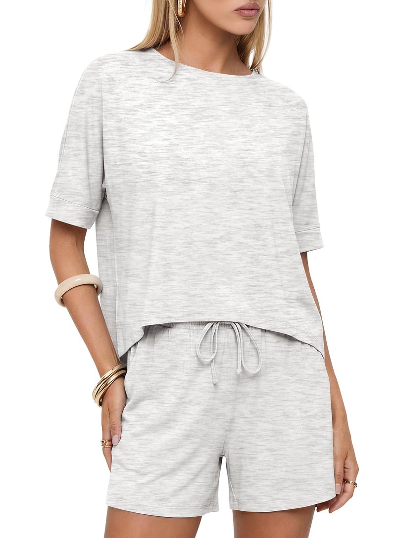 Darong Womens 2 Piece Lounge Sets 2026 Summer Travel Outfits Casual Short Sleeve Oversized Tshirts Tops Drawstring Shorts 9241 White Grey M - Image 1