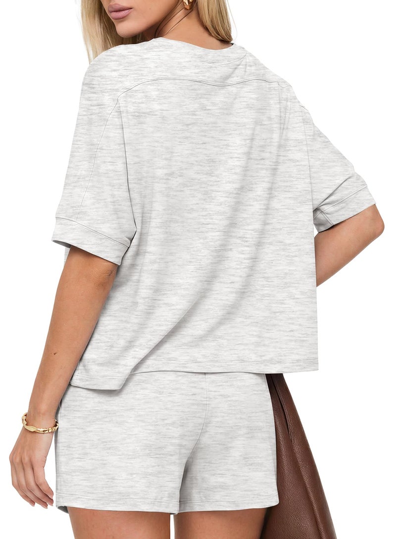 Darong Womens 2 Piece Lounge Sets 2026 Summer Travel Outfits Casual Short Sleeve Oversized Tshirts Tops Drawstring Shorts 9241 White Grey M - Image 2