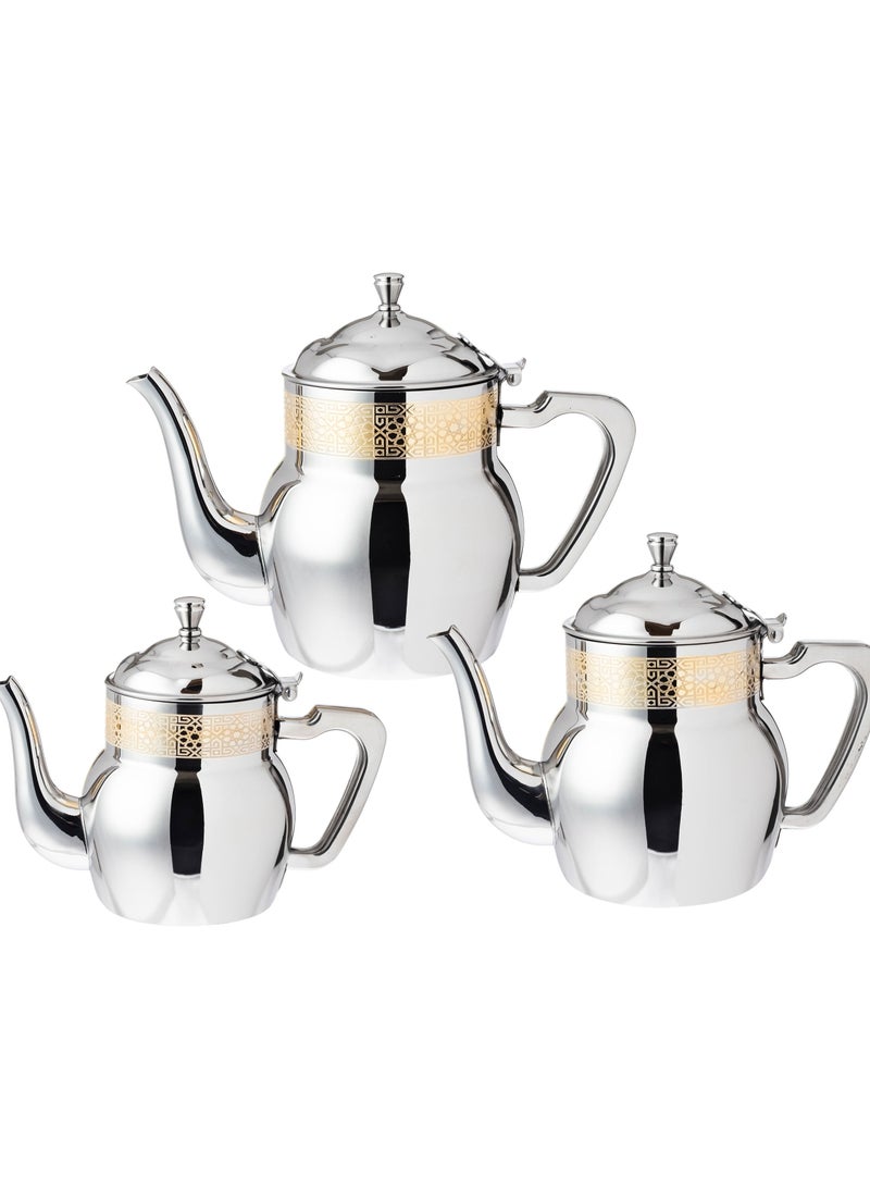 Squalo Set of 3 Steel Teapots With Golden Decor Three Different Sizes - Image 1