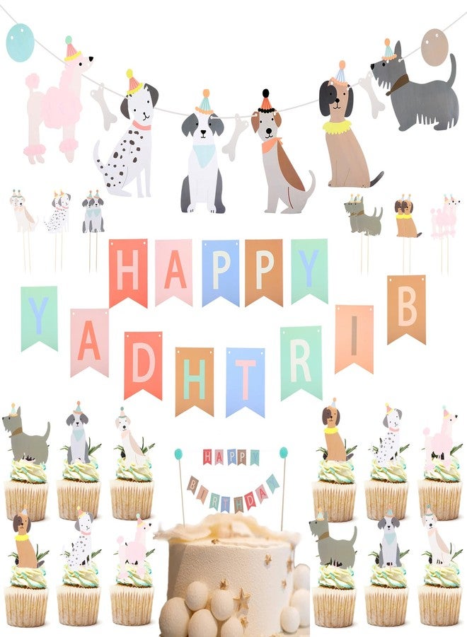 LLOUSSAK Dog Themed Banner Happy Birthday Banner Dog Birthday Decorations, 12 Pcs Dog Cupcake Toppers Puppy Party Decorations for Dog Lover, Birthday Puppy Decorations - Image 1