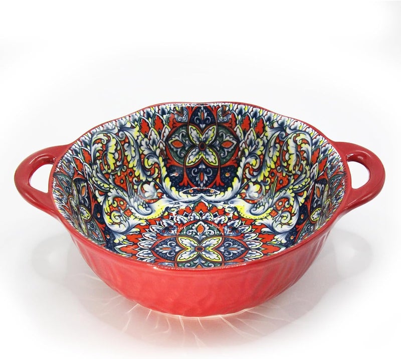 Ronanemon Bohemia Large Bowls with Handle, 40 oz Ceramic Soup Bowl for Salad, Pasta, Cereal,Fruit, Udon, Microwave & Dishwasher Safe (Red) - Image 1