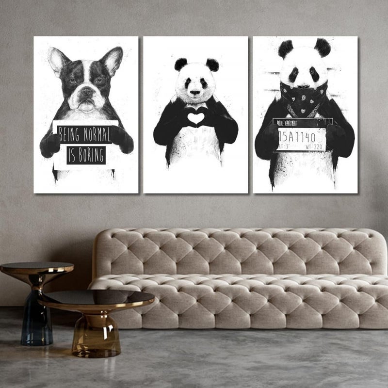 ماركتنا ثلاث لوحات قماشية مودرن بتصميم دب الباندا مع برواز مجوف مقاس (90×40) ثلاث قطع - Image 1