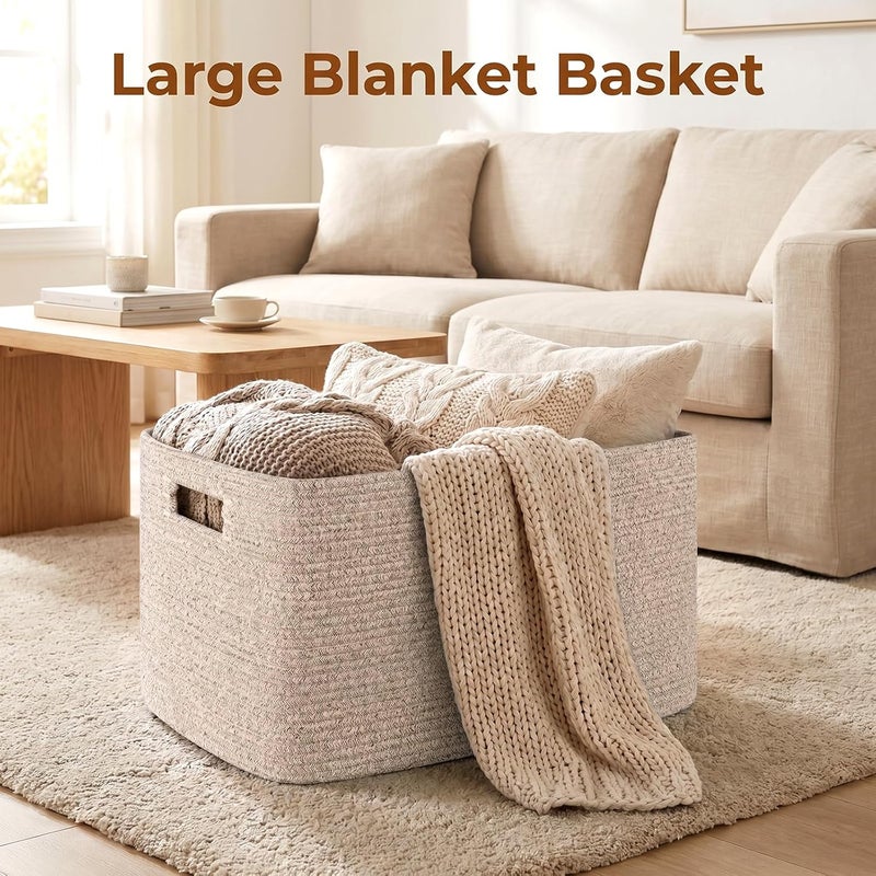 OIAHOMY 75L Large Woven Storage Basket With Handle, Cotton Rope 22"x17"x12", for Blankets, Living Room, Toy Storage in Nursery, Brown Variegated - Image 2