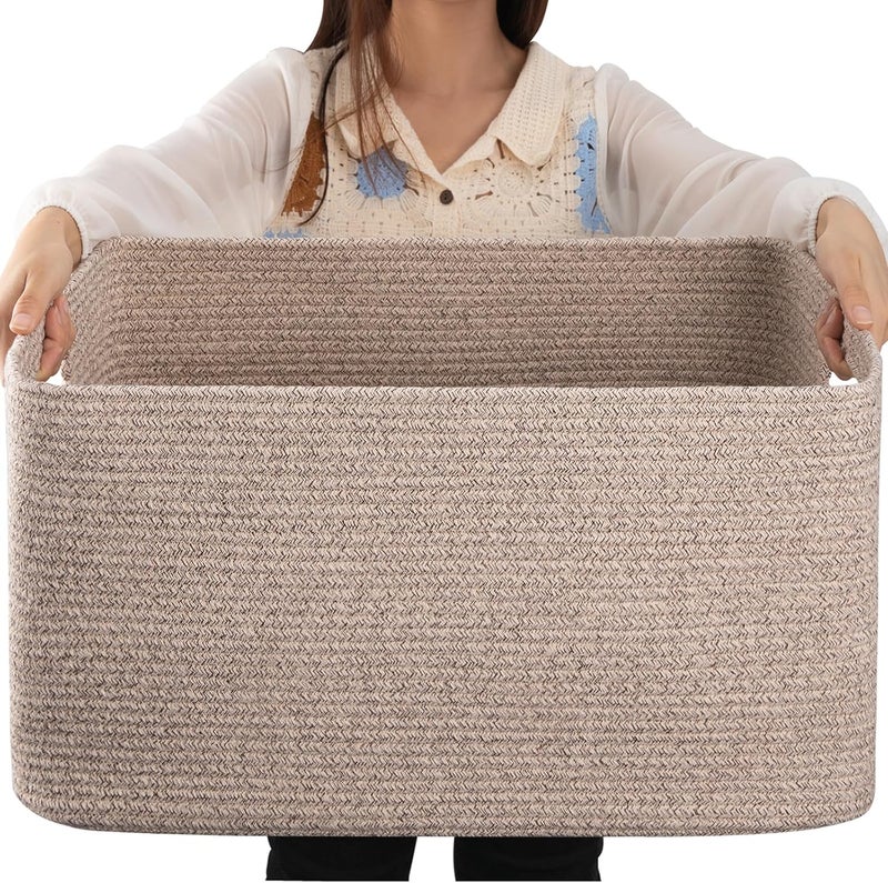 OIAHOMY 75L Large Woven Storage Basket With Handle, Cotton Rope 22"x17"x12", for Blankets, Living Room, Toy Storage in Nursery, Brown Variegated - Image 1