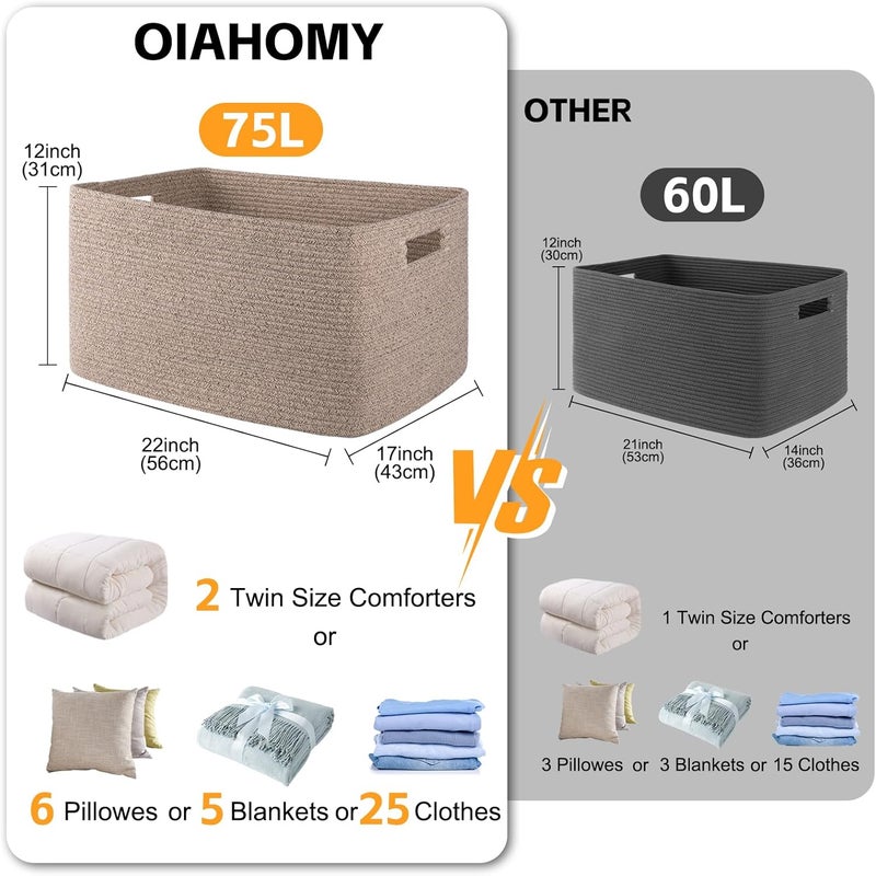 OIAHOMY 75L Large Woven Storage Basket With Handle, Cotton Rope 22"x17"x12", for Blankets, Living Room, Toy Storage in Nursery, Brown Variegated - Image 3