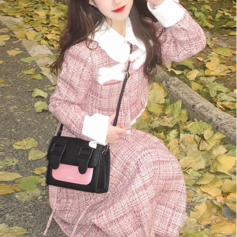 SweetAge-Elegant Tweed Style 2-Piece Set Pink Cardigan Cropped Jacket And Slimming Medium Length A- Line Skirt For Women [suit] short jacket + skirt 