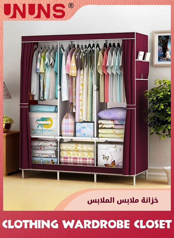 UNUNS خزانة تخزين الملابس، منظم ملابس قماش مع جيوب جانبية، سحاب وعمود تعليق، رف تخزين ملابس من قماش غير منسوج قابل للطي، أحمر نبيذي  - Image 1