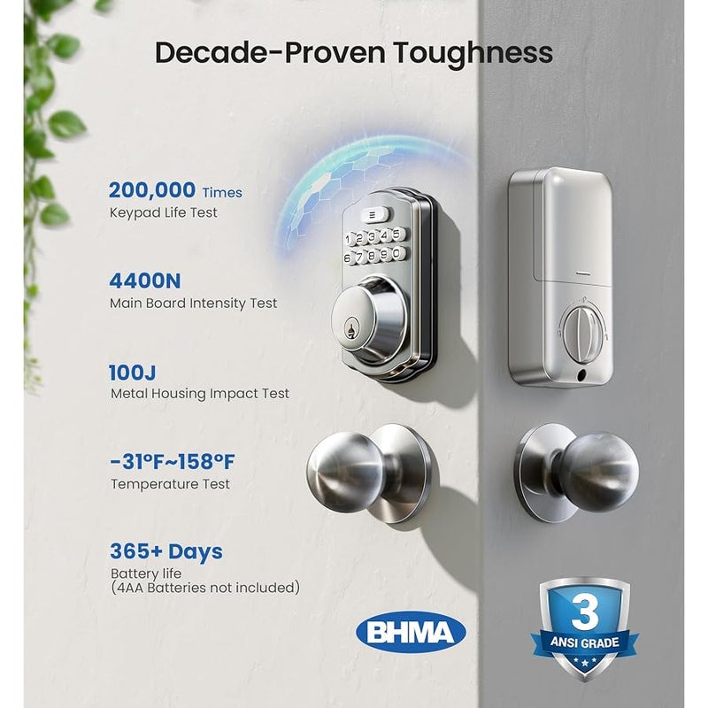 Veise Keyless Entry Door Lock with 2 Knobs, Electronic Backlit Keypad Deadbolt with Handle Set, Auto Lock, One-time Codes, Smart Deadbolt for Front Door, Easy Installation, Satin Nickel - Image 5