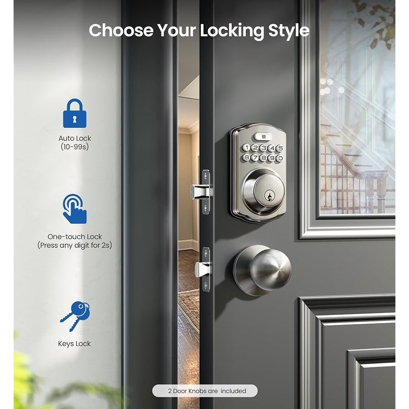 Veise Keyless Entry Door Lock with 2 Knobs, Electronic Backlit Keypad Deadbolt with Handle Set, Auto Lock, One-time Codes, Smart Deadbolt for Front Door, Easy Installation, Satin Nickel - Image 3
