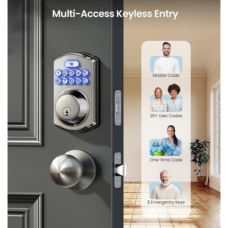 Veise Keyless Entry Door Lock with 2 Knobs, Electronic Backlit Keypad Deadbolt with Handle Set, Auto Lock, One-time Codes, Smart Deadbolt for Front Door, Easy Installation, Satin Nickel - Image 2