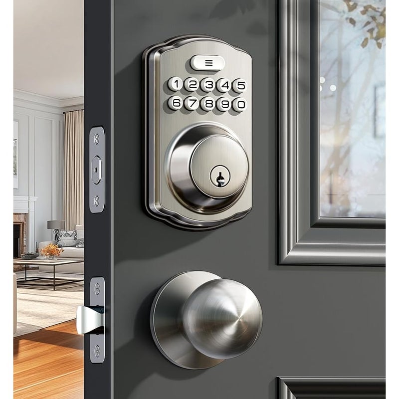 Veise Keyless Entry Door Lock with 2 Knobs, Electronic Backlit Keypad Deadbolt with Handle Set, Auto Lock, One-time Codes, Smart Deadbolt for Front Door, Easy Installation, Satin Nickel - Image 1