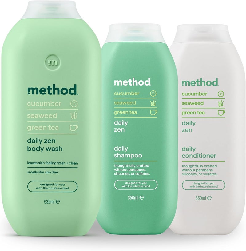 Method Daily Zen Regime Kit Daily Shampoo 1x 350ml Conditionner 1x 350ml and Body Wash 532 ml Cucumber Seaweed Green Tea Scent SulphateFree