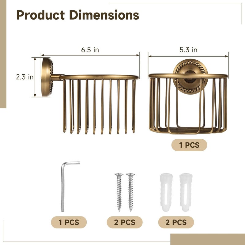 Bronze Toilet Paper Holder, Rustic Copper Wall Mount Basket, Vintage Style for Bathroom Tissue, Hollow-Out Design, 6.5 X 2.6 X 5.3 in - Image 2