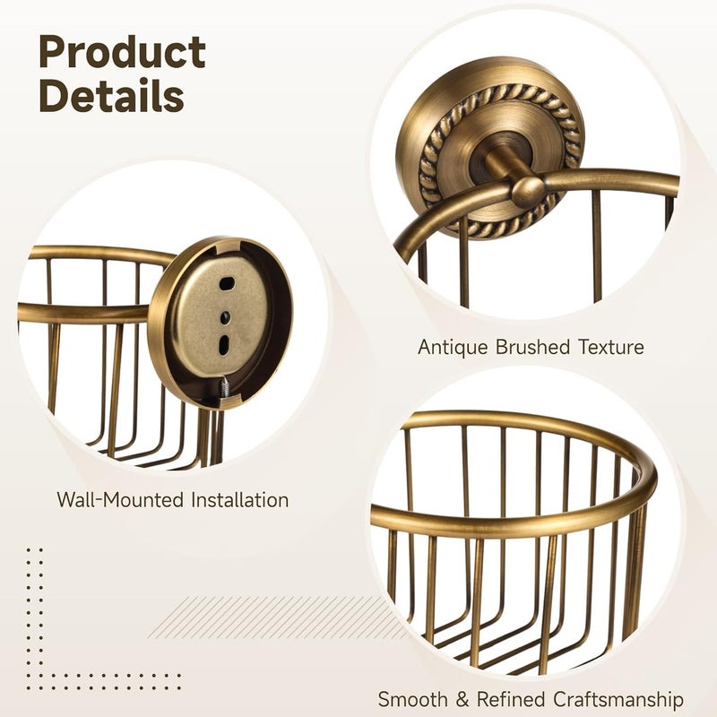 Bronze Toilet Paper Holder, Rustic Copper Wall Mount Basket, Vintage Style for Bathroom Tissue, Hollow-Out Design, 6.5 X 2.6 X 5.3 in - Image 3