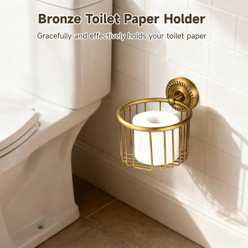 Bronze Toilet Paper Holder, Rustic Copper Wall Mount Basket, Vintage Style for Bathroom Tissue, Hollow-Out Design, 6.5 X 2.6 X 5.3 in - Image 4