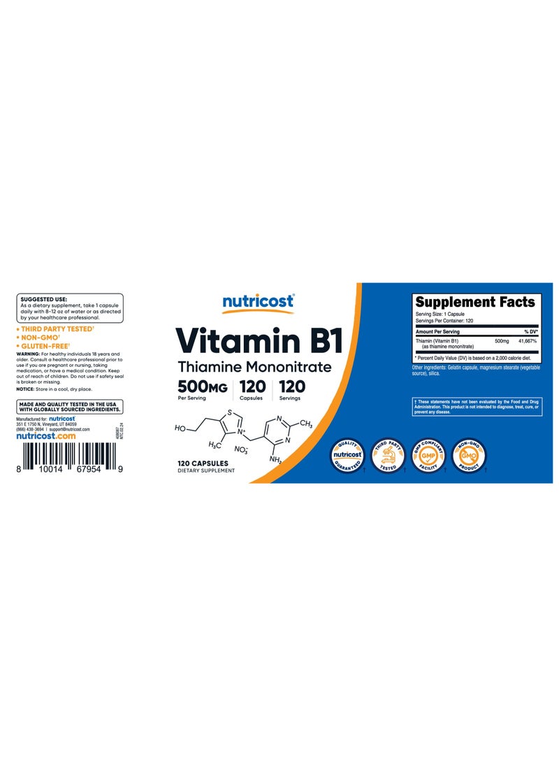 Nutricost - Vitamin B1 Thiamine Mononitrate, 500 mg Per serving, 120 Capsules, 120 serving - Dietary Supplement - Image 1
