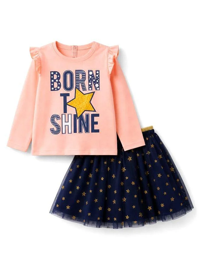 Babyhug Babyhug Single Jersey Knit Full Sleeves Top and Skirt Set Star with Text Print - Pink/Navy Blue