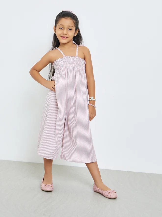 Styli Styli Girls Striped Smocked Wide Leg Jumpsuit