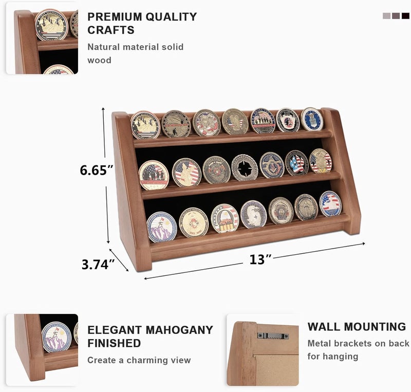 ASmileIndeep 3 Rows Solid Wood Military Challenge Coin Holder Display - Holds 21-24 Coins, Army Coin Rack Display Case Stand for Wall Mount or Tabletop, Walnut - Image 2