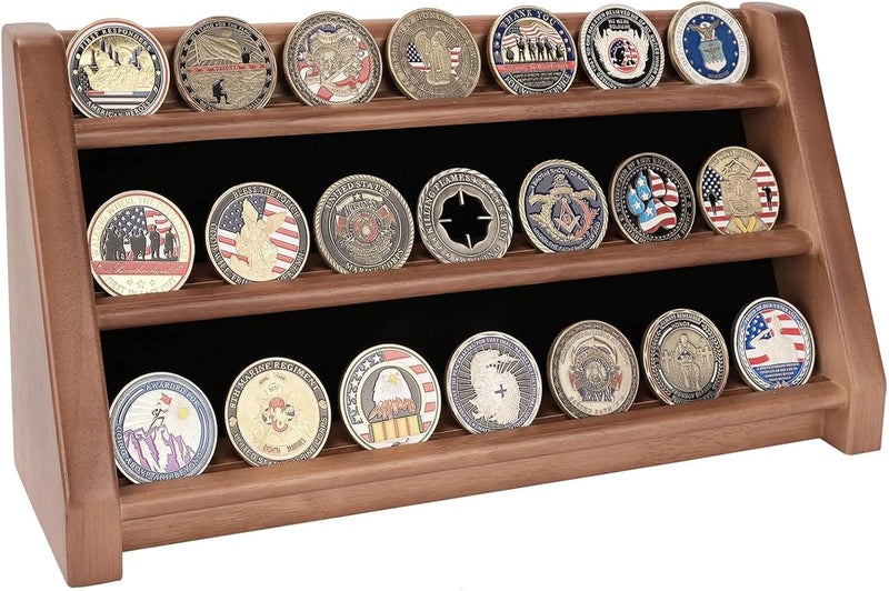 ASmileIndeep 3 Rows Solid Wood Military Challenge Coin Holder Display - Holds 21-24 Coins, Army Coin Rack Display Case Stand for Wall Mount or Tabletop, Walnut - Image 1