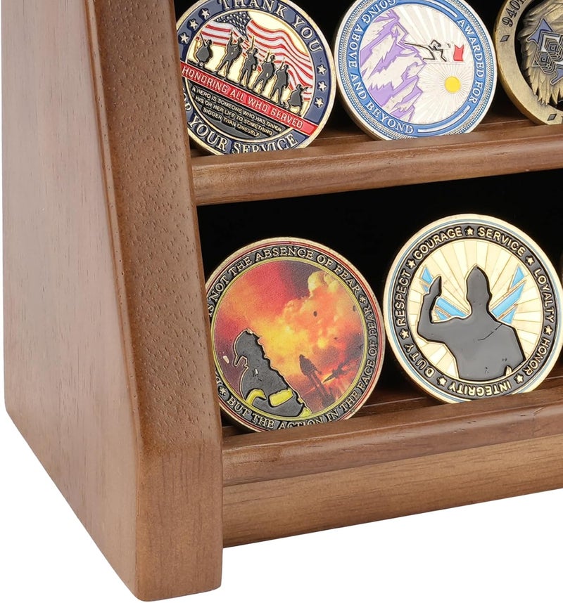 ASmileIndeep 3 Rows Solid Wood Military Challenge Coin Holder Display - Holds 21-24 Coins, Army Coin Rack Display Case Stand for Wall Mount or Tabletop, Walnut - Image 4