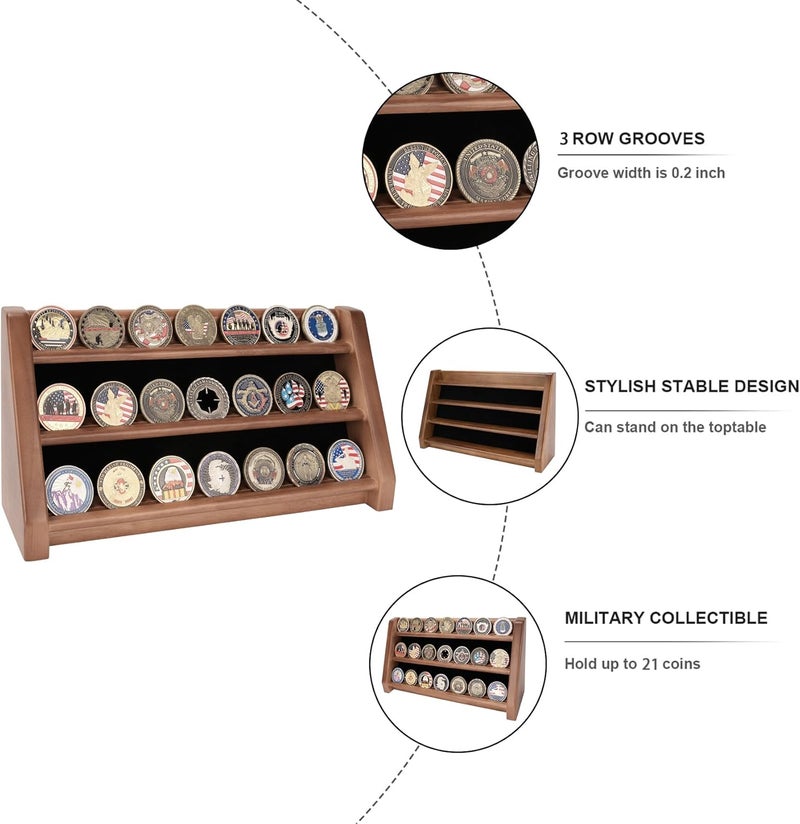 ASmileIndeep 3 Rows Solid Wood Military Challenge Coin Holder Display - Holds 21-24 Coins, Army Coin Rack Display Case Stand for Wall Mount or Tabletop, Walnut - Image 3