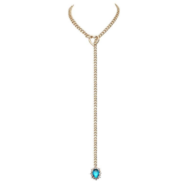 EverGlimp Women's Gold Heart O-Ring Necklace, Adjustable 25'' Cuban Chain with Detachable Heart Clasp and Colorful Rhinestone Pendant (Ocean Blue) - Image 1