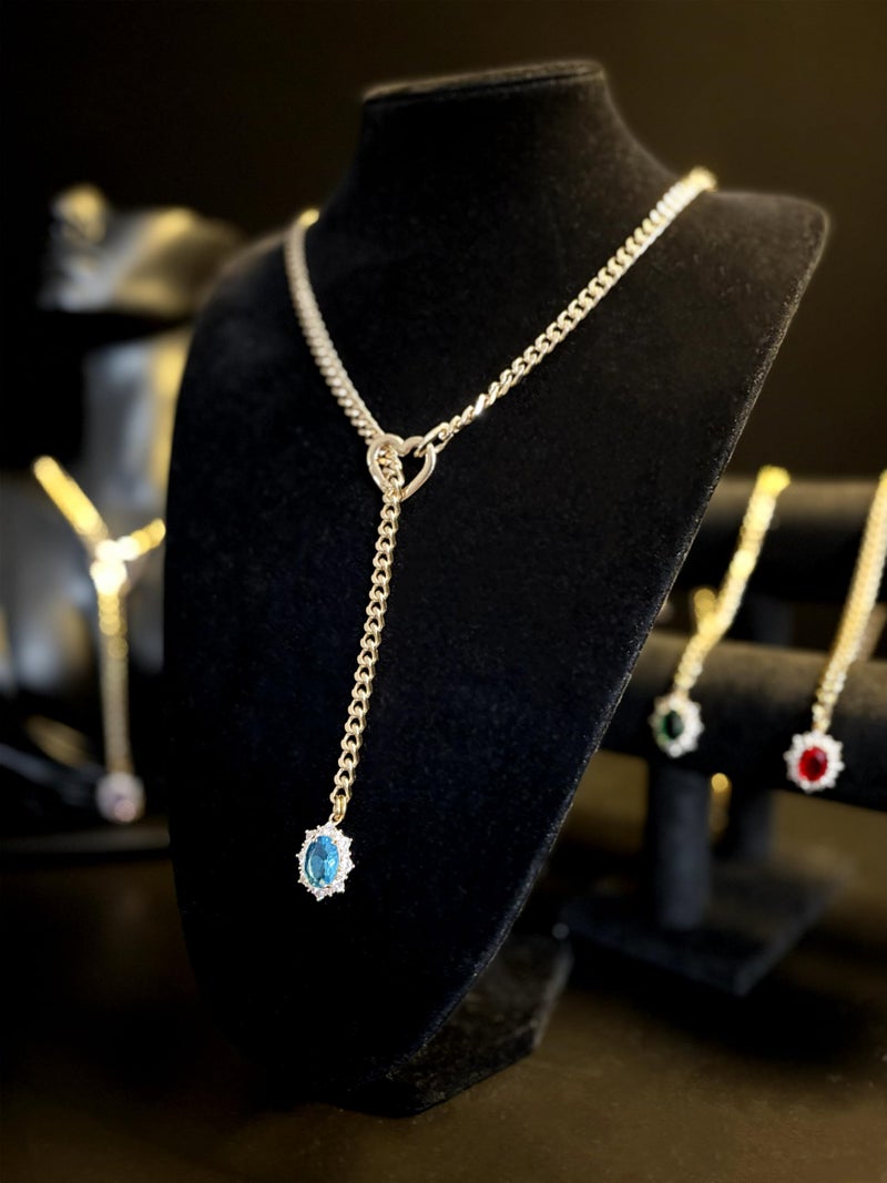 EverGlimp Women's Gold Heart O-Ring Necklace, Adjustable 25'' Cuban Chain with Detachable Heart Clasp and Colorful Rhinestone Pendant (Ocean Blue) - Image 3