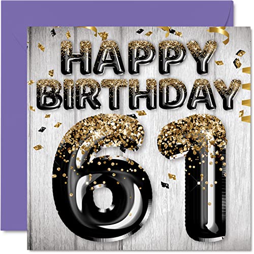 Stuff4 61st Birthday Card for Men - Black & Gold Glitter Balloons - Happy Birthday Cards for 61 Year Old Man Dad Papa Pop Pops Grandpa Gran Uncle, 5.7 x 5.7 Inch Sixty-One Sixty-First Greeting Cards Gift - Image 1