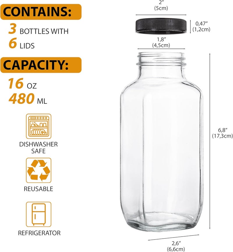 umud Juice Bottles with Lids, 16 Oz - Set of 3 - Clear Glass Jars with Caps - Reusable Empty Drink Containers for Juicing, Smoothies, Water, Milk, Kombucha Storage, Wellness Shots and More (3) - Image 2