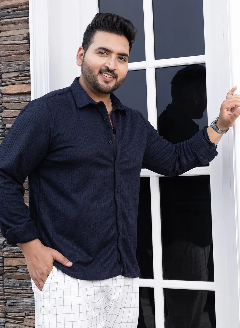 Instafab Plus Instafab Plus Men's Navy Blue Tactile Regular Shirt For Casual Wear | Spread Collar | Long Cuffed Sleeves | Button Closure | Plus Size Shirt Crafted With Comfort Fit For Everyday Wear