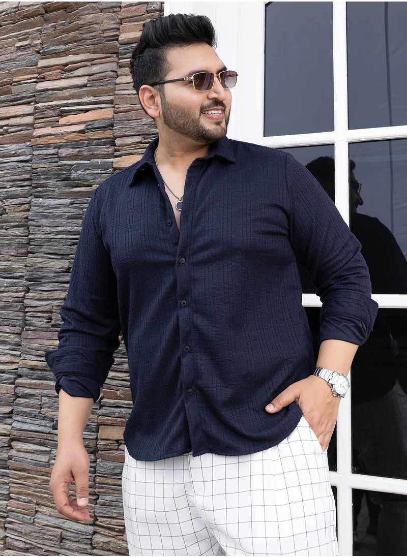 انستافاب بلس Instafab Plus Men's Navy Blue Tactile Regular Shirt For Casual Wear | Spread Collar | Long Cuffed Sleeves | Button Closure | Plus Size Shirt Crafted With Comfort Fit For Everyday Wear