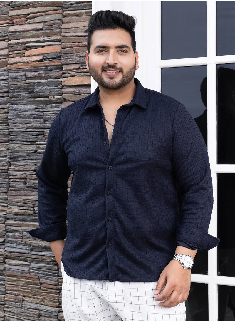 انستافاب بلس Instafab Plus Men's Navy Blue Tactile Regular Shirt For Casual Wear | Spread Collar | Long Cuffed Sleeves | Button Closure | Plus Size Shirt Crafted With Comfort Fit For Everyday Wear